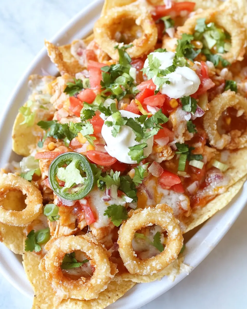 Easy Summer BBQ Chicken Nachos with Buttermilk Onion Rings. picture