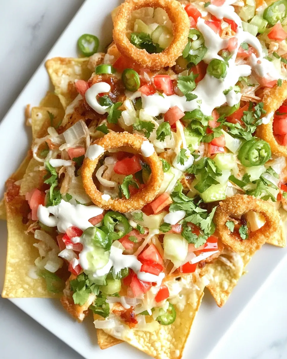 Delicious Summer BBQ Chicken Nachos with Buttermilk Onion Rings. dish photo