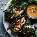 Homemade Sweet Thai Chile Chicken Swiss Chard Wraps with Peanut Ginger Sauce. recipe photo