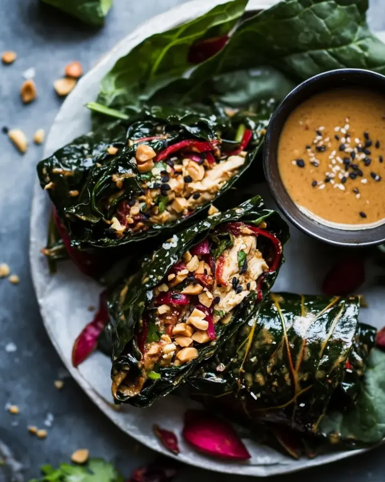 Homemade Sweet Thai Chile Chicken Swiss Chard Wraps with Peanut Ginger Sauce. recipe photo