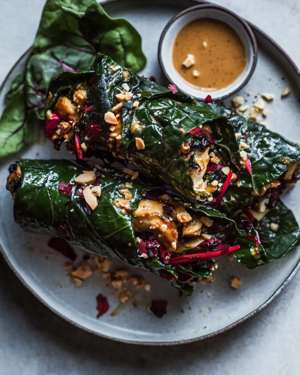 Classic Sweet Thai Chile Chicken Swiss Chard Wraps with Peanut Ginger Sauce. dish photo