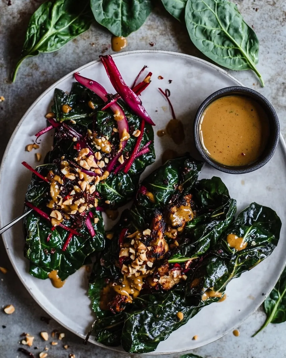 Easy Sweet Thai Chile Chicken Swiss Chard Wraps with Peanut Ginger Sauce. food shot