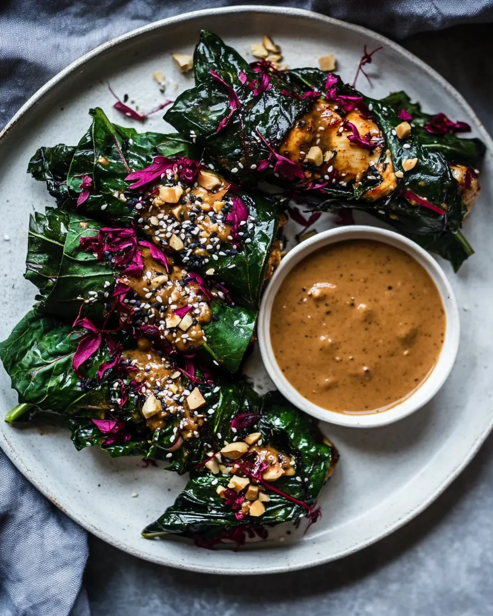 Delicious Sweet Thai Chile Chicken Swiss Chard Wraps with Peanut Ginger Sauce. plate image