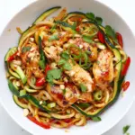 Homemade Thai-Style Drunken Zucchini Noodles with Spicy Honey Chicken. recipe photo