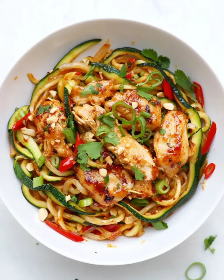 Homemade Thai-Style Drunken Zucchini Noodles with Spicy Honey Chicken. recipe photo