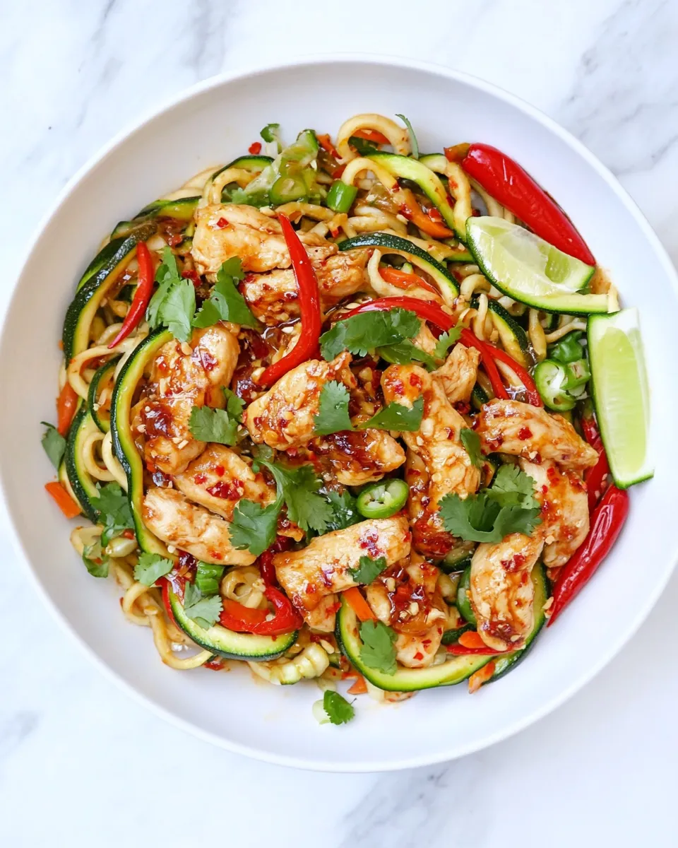 Classic Thai-Style Drunken Zucchini Noodles with Spicy Honey Chicken. dish photo