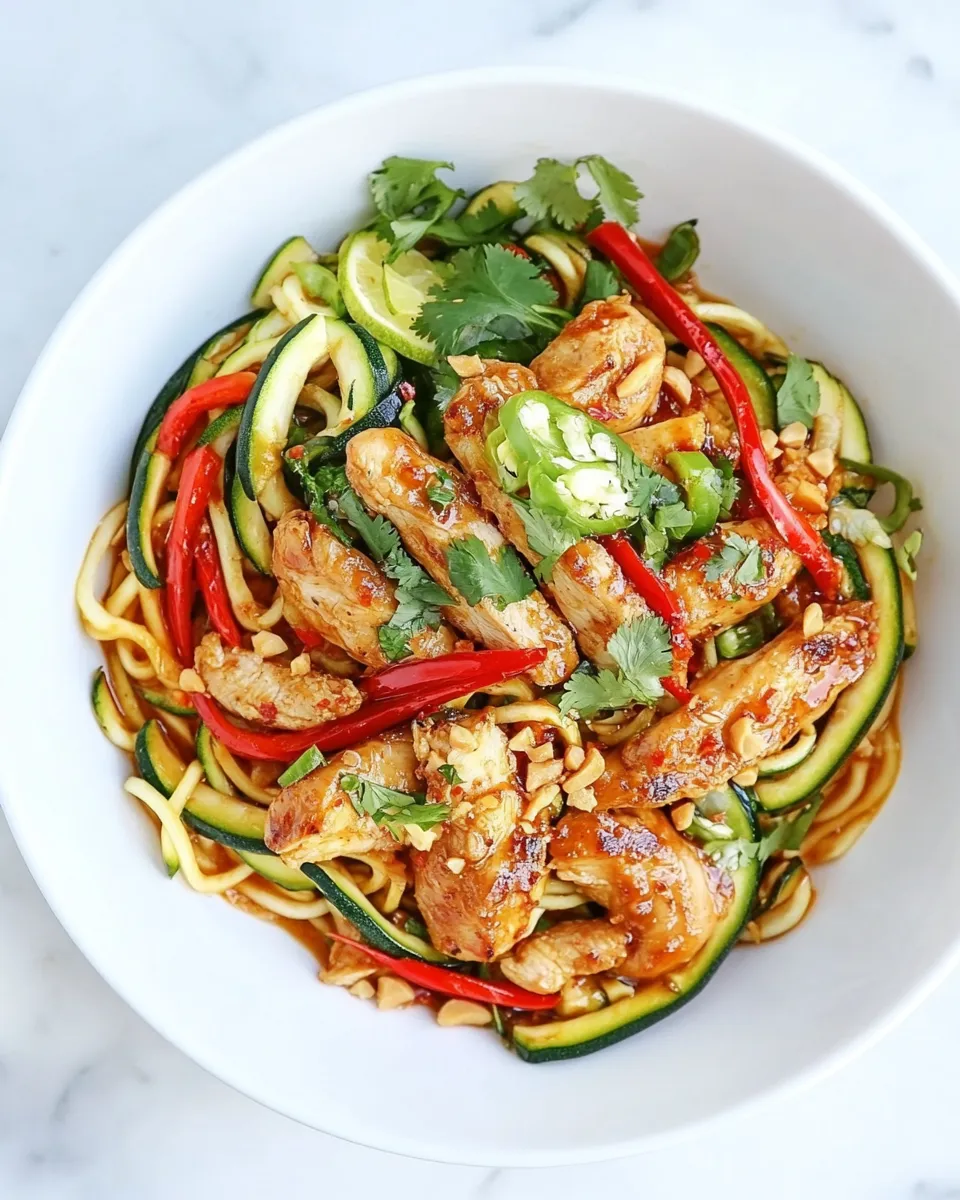 Easy Thai-Style Drunken Zucchini Noodles with Spicy Honey Chicken. food shot