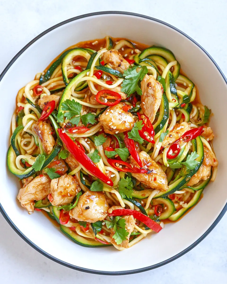 Delicious Thai-Style Drunken Zucchini Noodles with Spicy Honey Chicken. plate image