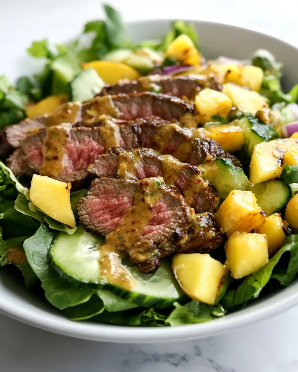 Easy Thai-Style Steak Salad with Roasted Chili Mango Vinaigrette. food shot