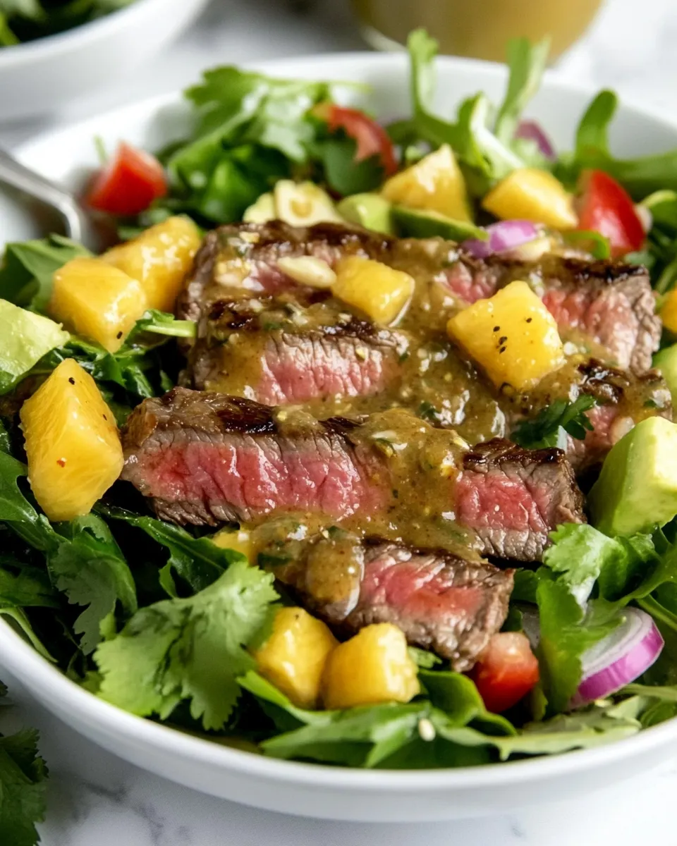 Delicious Thai-Style Steak Salad with Roasted Chili Mango Vinaigrette. plate image