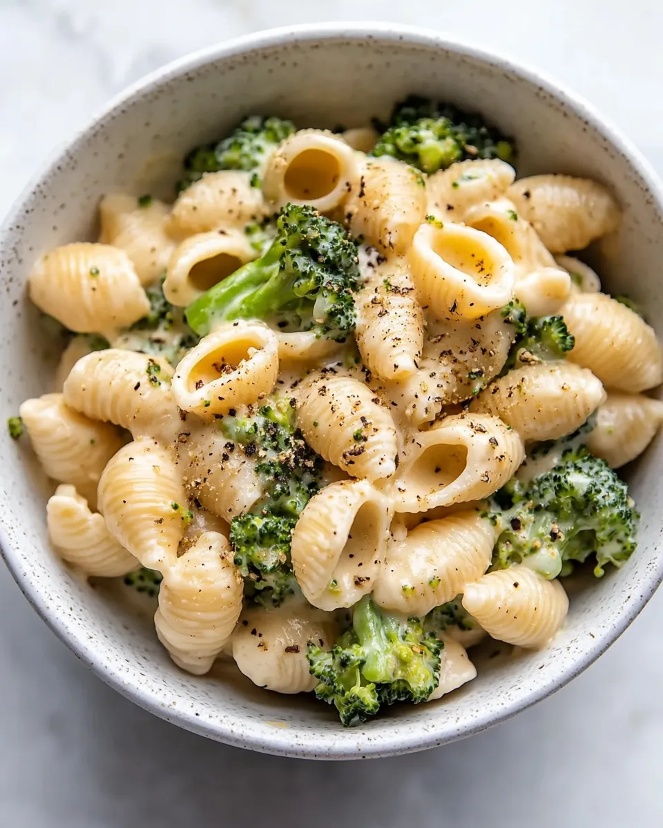 Delicious The Creamiest Broccoli Shells and Cheese. plate image