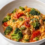 Homemade Tomato Orzo with Chicken Sausage and Broccoli photo