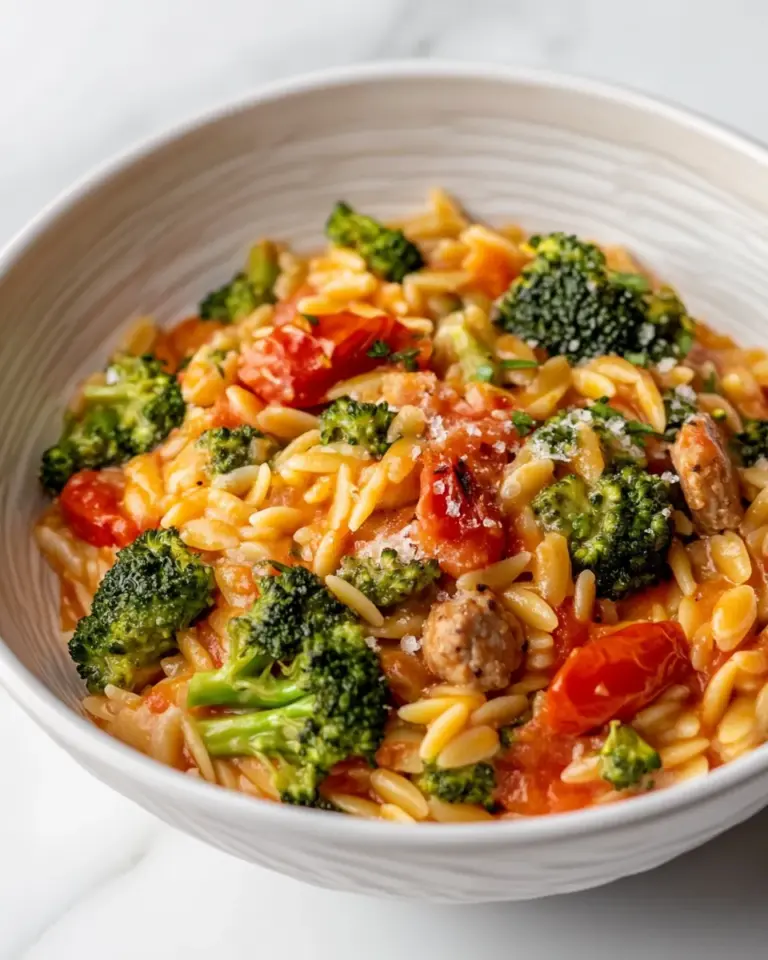 Homemade Tomato Orzo with Chicken Sausage and Broccoli photo