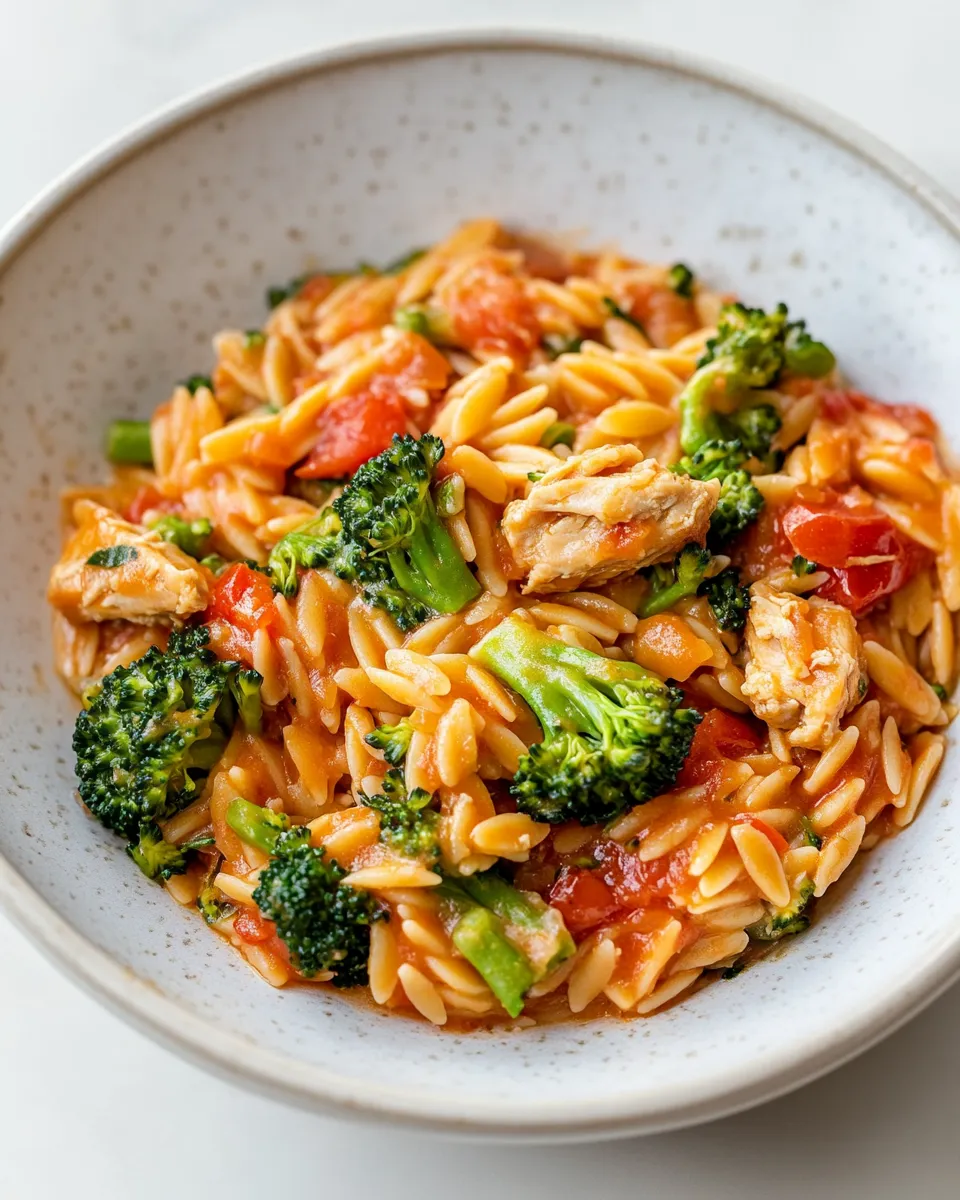 Easy Tomato Orzo with Chicken Sausage and Broccoli recipe image
