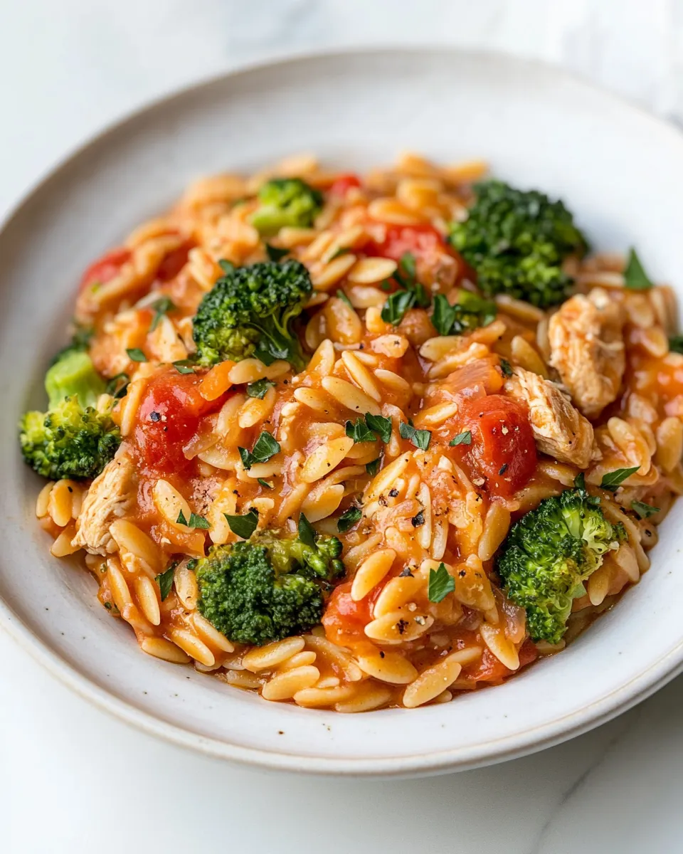 Delicious Tomato Orzo with Chicken Sausage and Broccoli dish photo