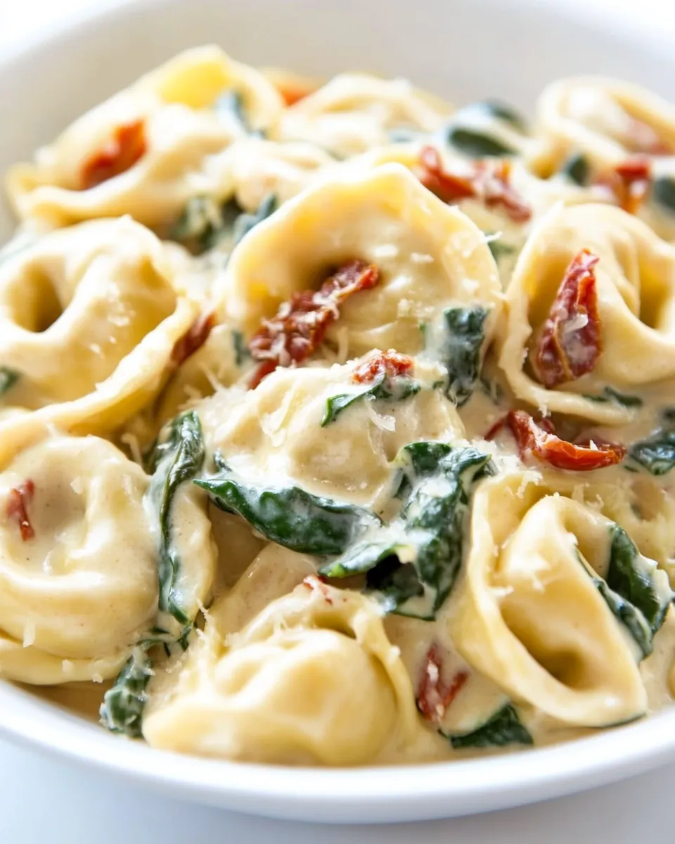 Classic Tortellini in Parmesan Cream Sauce with Spinach and Sun-Dried Tomatoes image