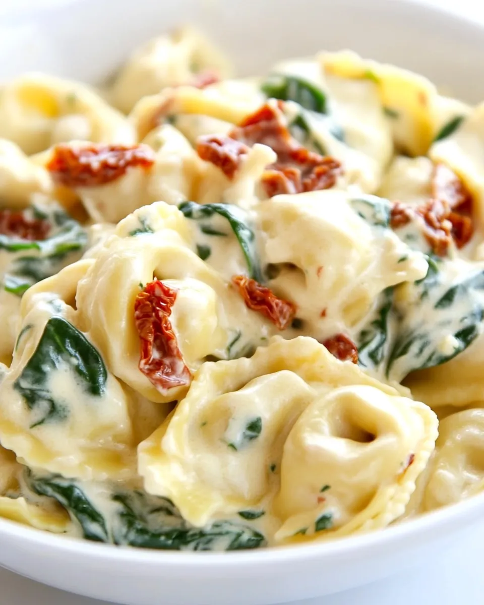 Delicious Tortellini in Parmesan Cream Sauce with Spinach and Sun-Dried Tomatoes shot