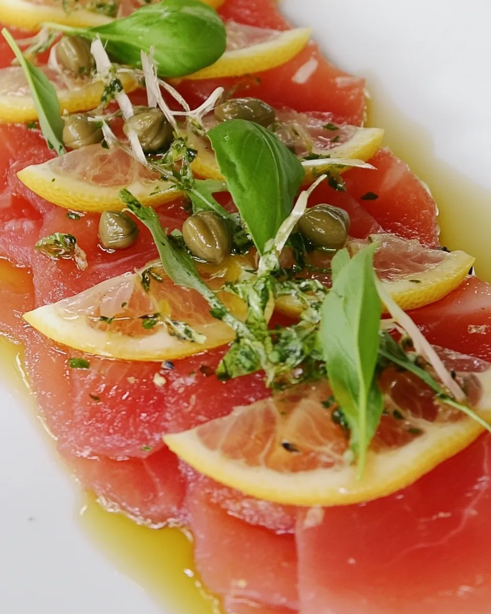 Homemade Tuna Carpaccio with Basil Oil, Lemon and Caper Berries photo