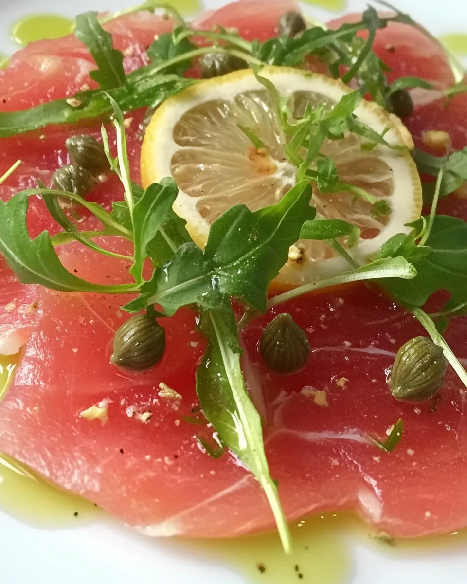 Classic Tuna Carpaccio with Basil Oil, Lemon and Caper Berries image