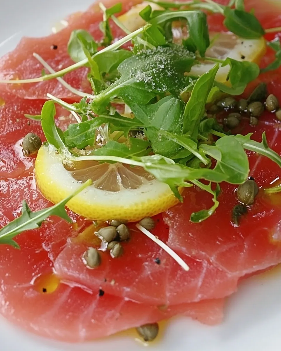 Easy Tuna Carpaccio with Basil Oil, Lemon and Caper Berries recipe photo