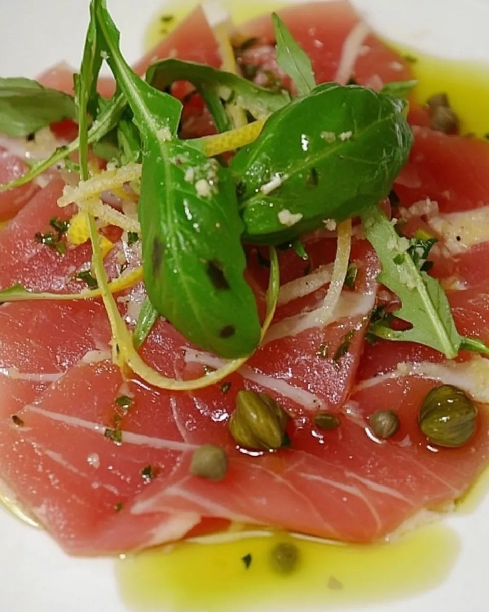 Delicious Tuna Carpaccio with Basil Oil, Lemon and Caper Berries dish photo