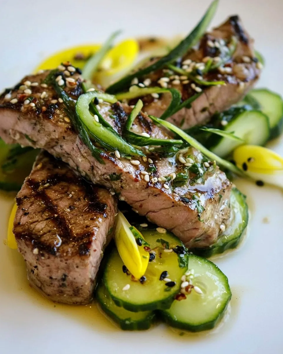 Easy Tuna Pepper Steak with Cucumber Sesame Salad recipe photo