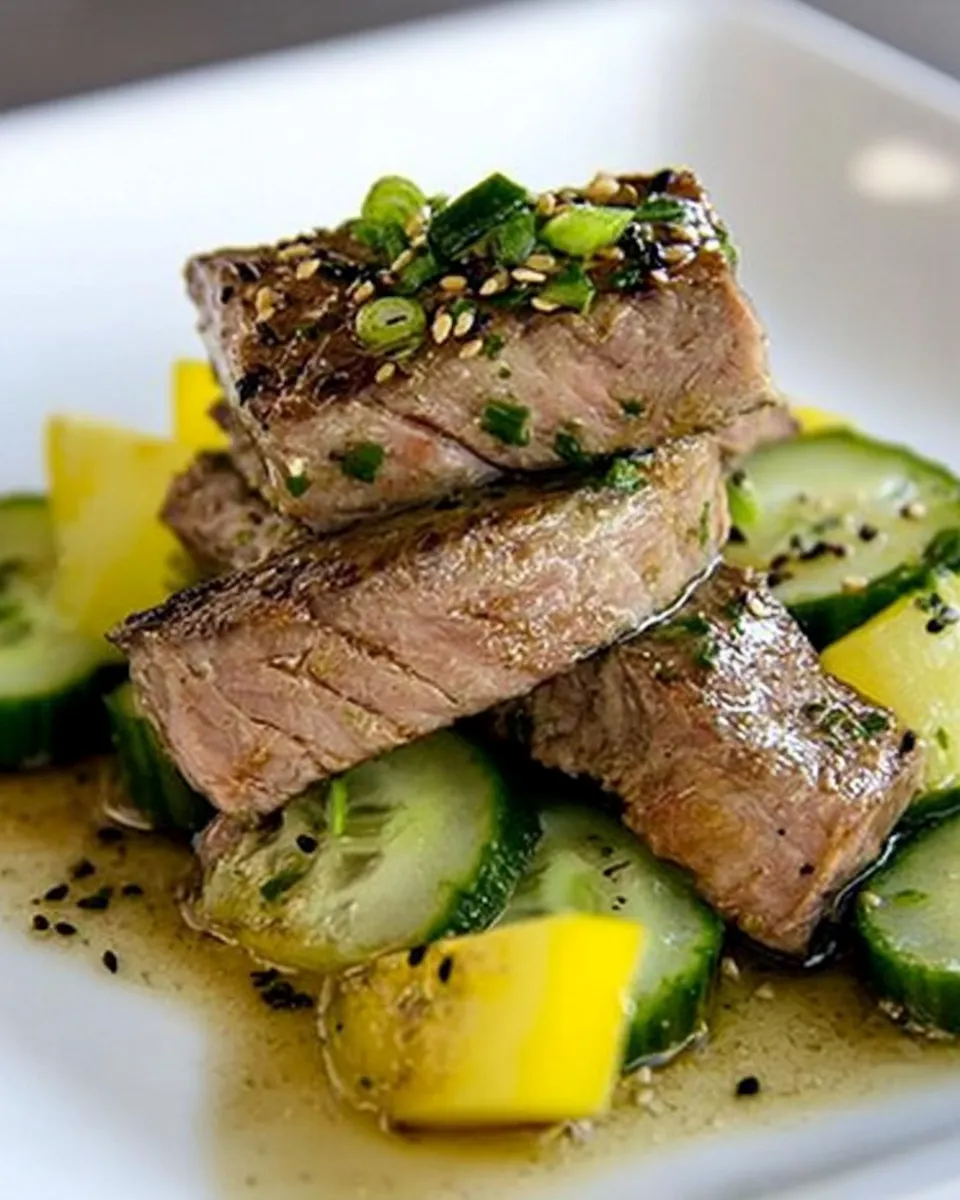 Delicious Tuna Pepper Steak with Cucumber Sesame Salad dish photo