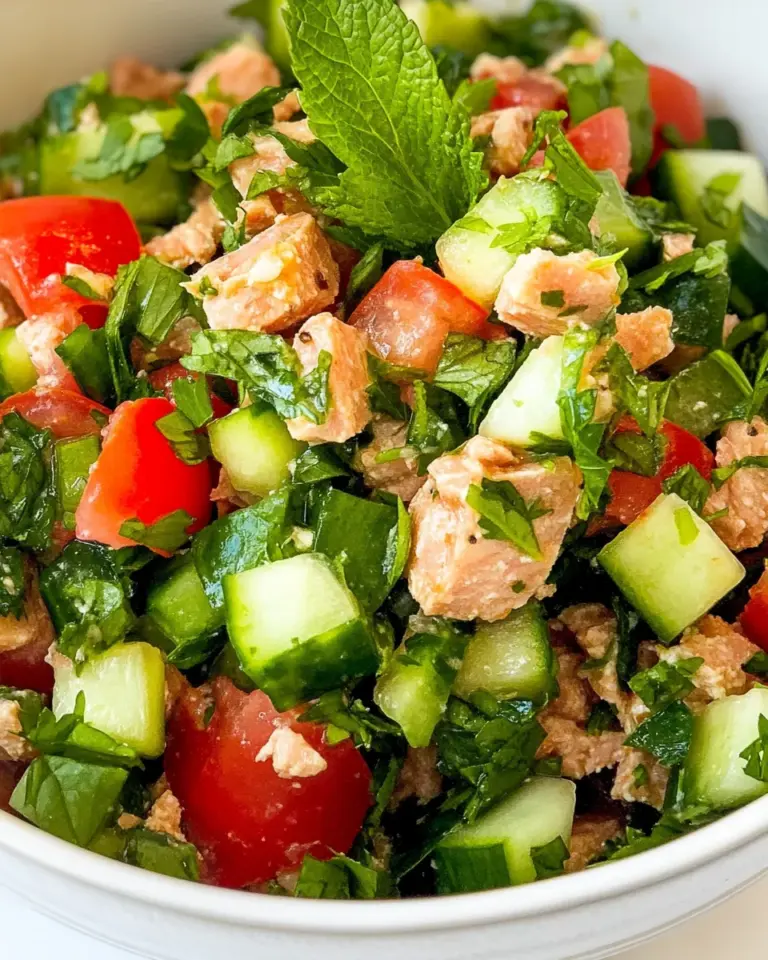Homemade Tuna Salad with Cucumbers, Tomatoes, Parsley, and Mint photo