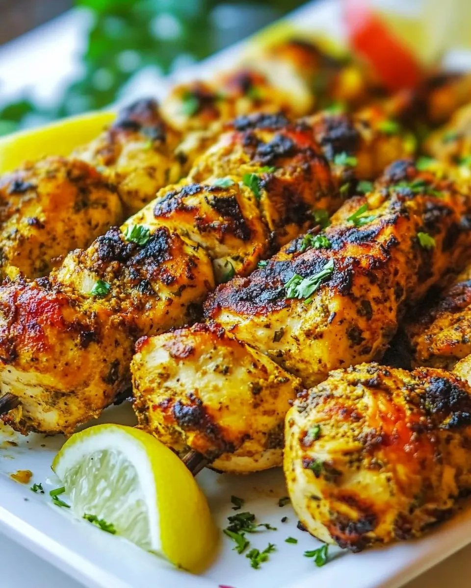 Delicious Turkish Style Chicken Skewers food shot