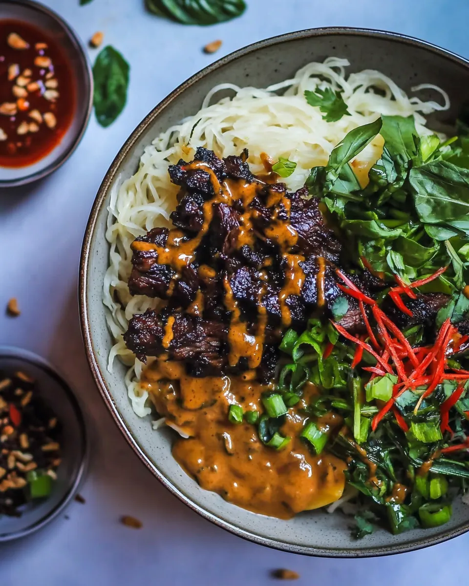 classic Vietnamese Lemongrass Beef and Spaghetti Squash Noodle Bowls with Peanut Sauce. dish photo