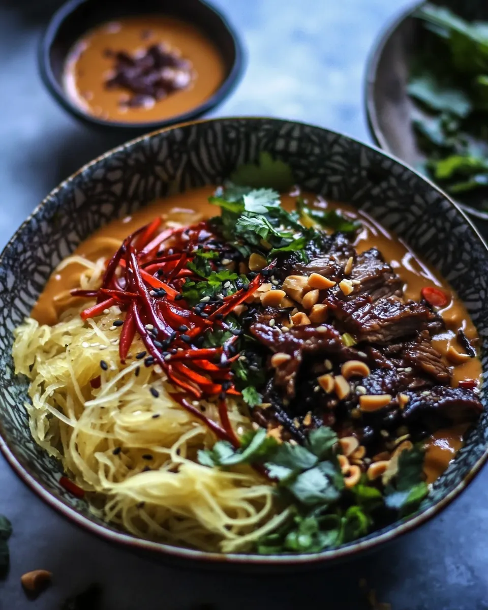 delicious Vietnamese Lemongrass Beef and Spaghetti Squash Noodle Bowls with Peanut Sauce. plate image