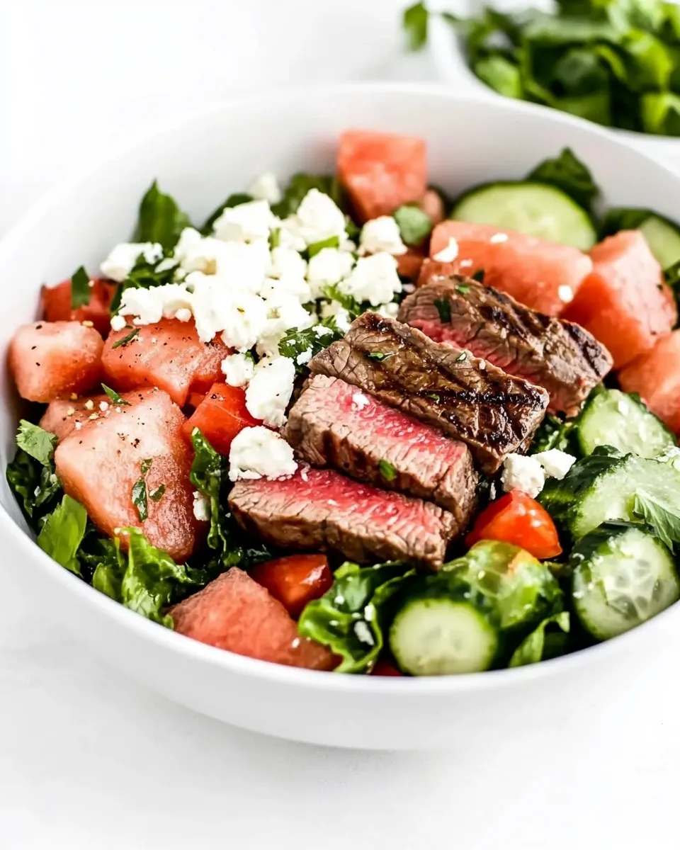 Homemade Watermelon Feta Salad Recipe with Grilled Steak photo