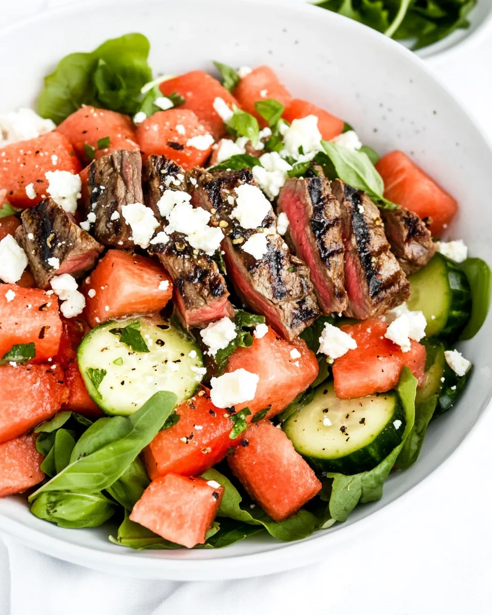 Classic Watermelon Feta Salad Recipe with Grilled Steak image