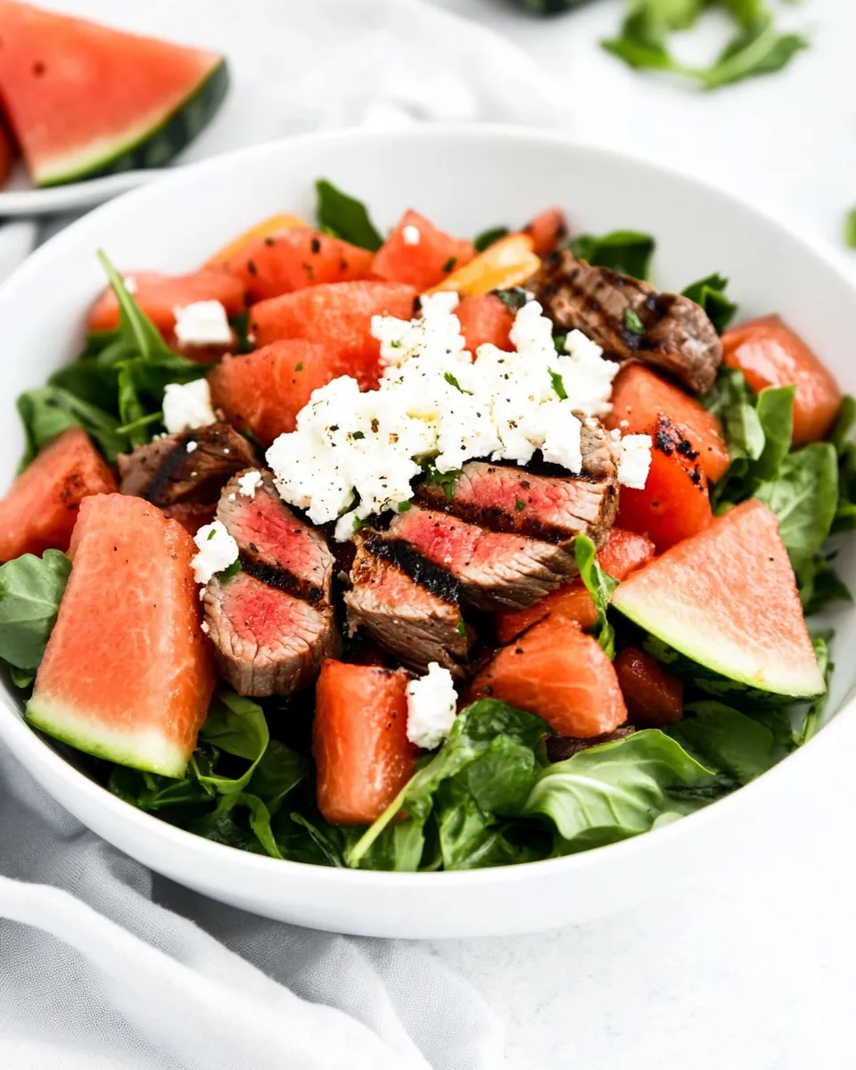 Delicious Watermelon Feta Salad Recipe with Grilled Steak dish photo