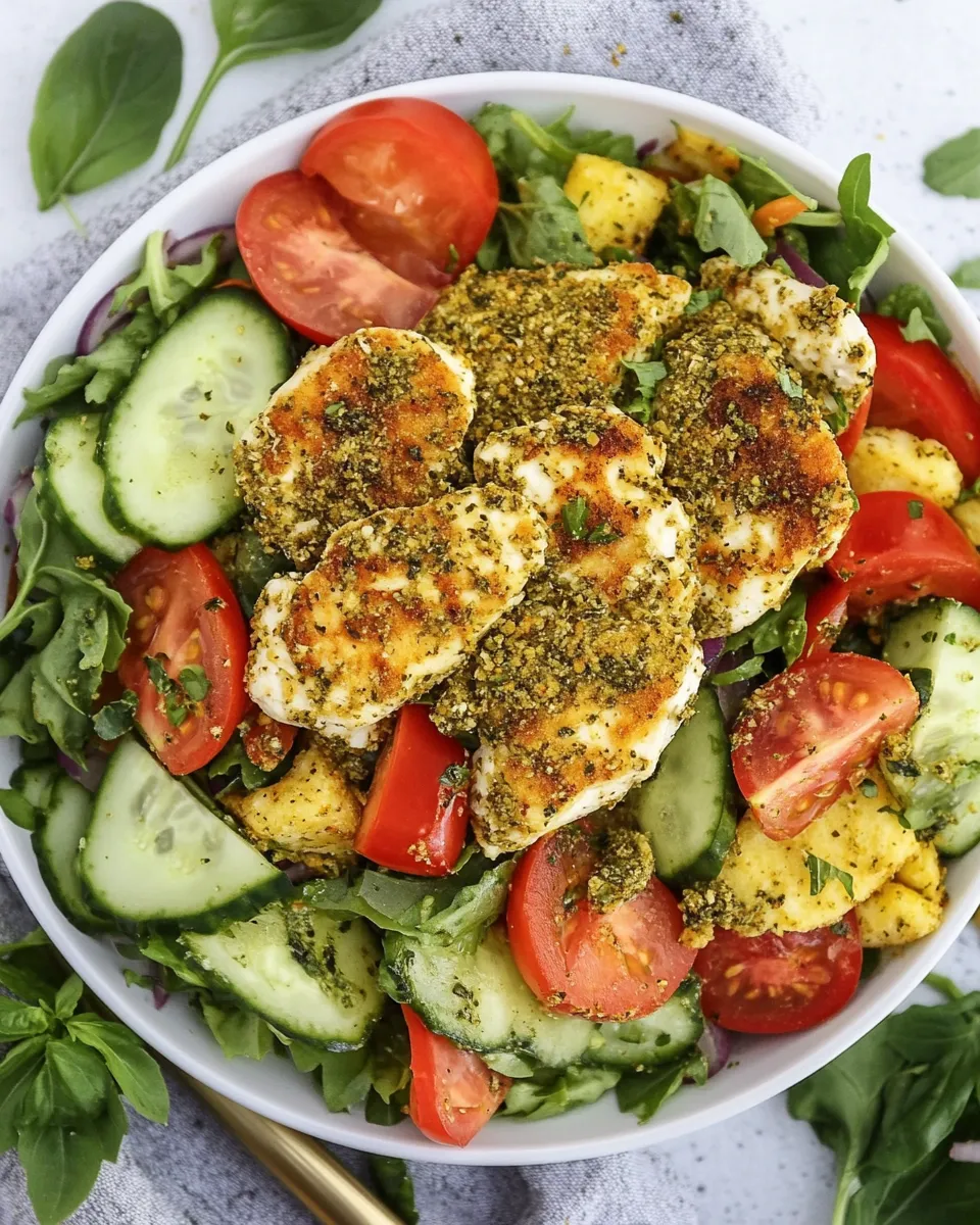 Delicious Zaatar Chicken Salad with Fried Halloumi Cheese dish photo