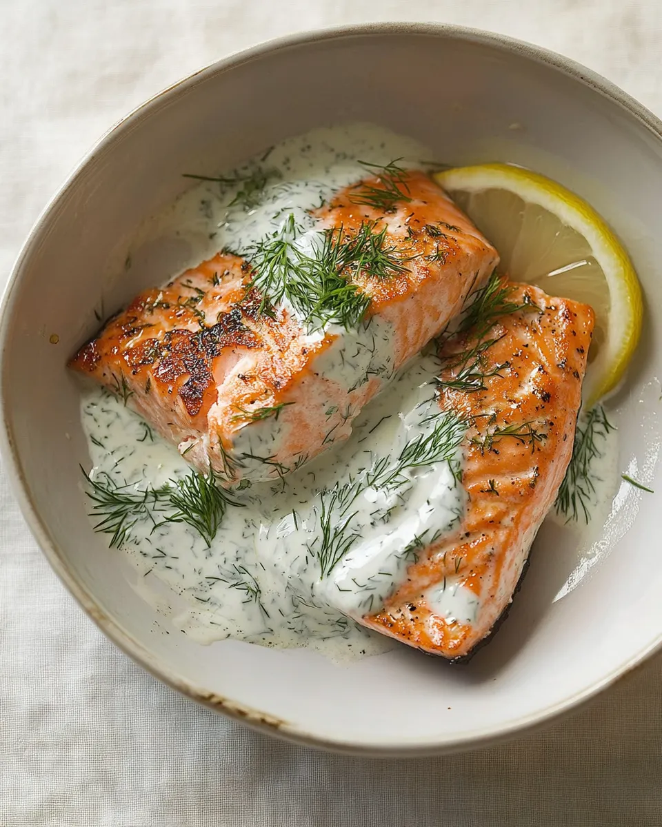 Homemade pan fried salmon with a lemony dill dressing recipe photo
