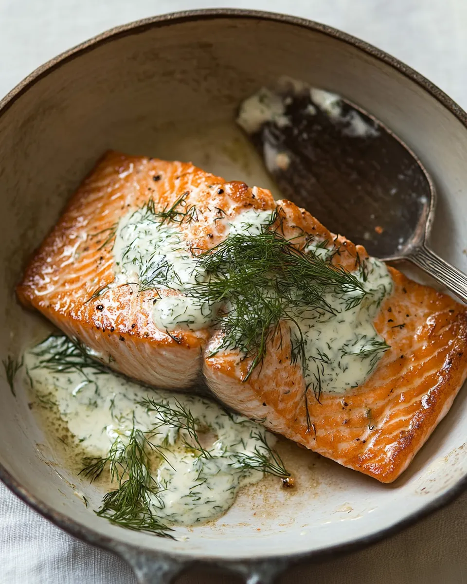 Classic pan fried salmon with a lemony dill dressing dish photo