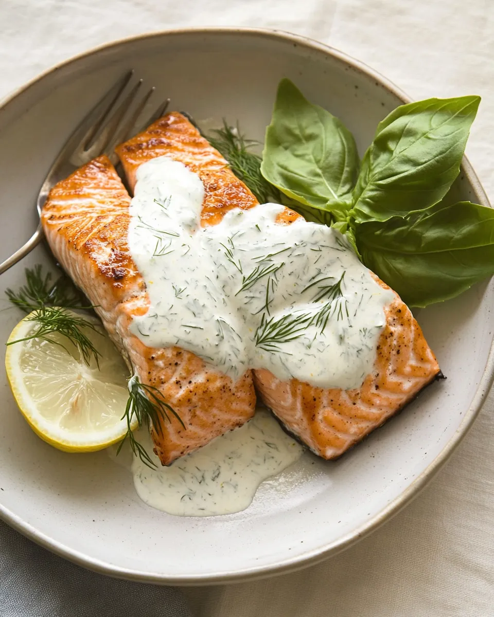 Easy pan fried salmon with a lemony dill dressing plate image