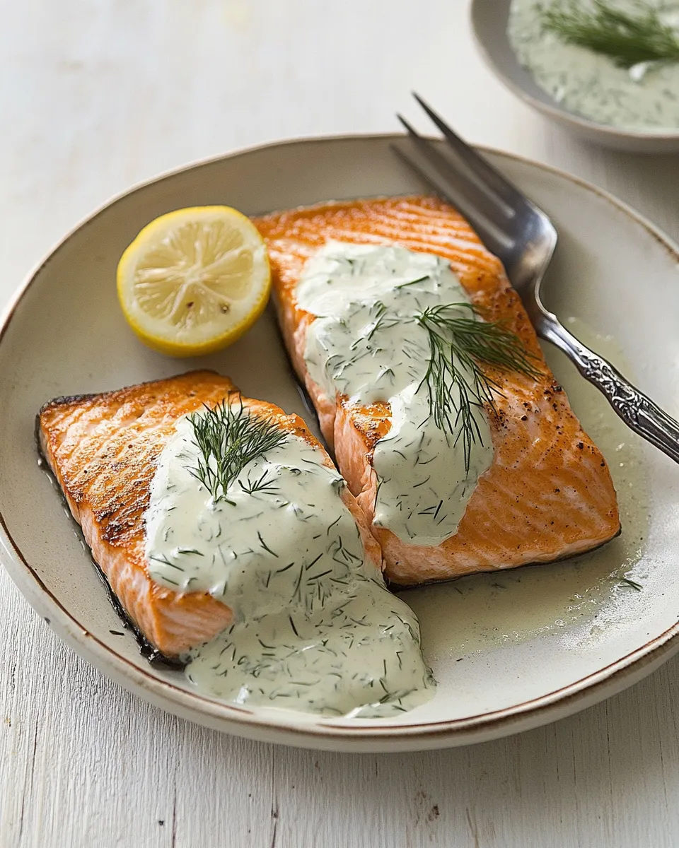 Delicious pan fried salmon with a lemony dill dressing food shot